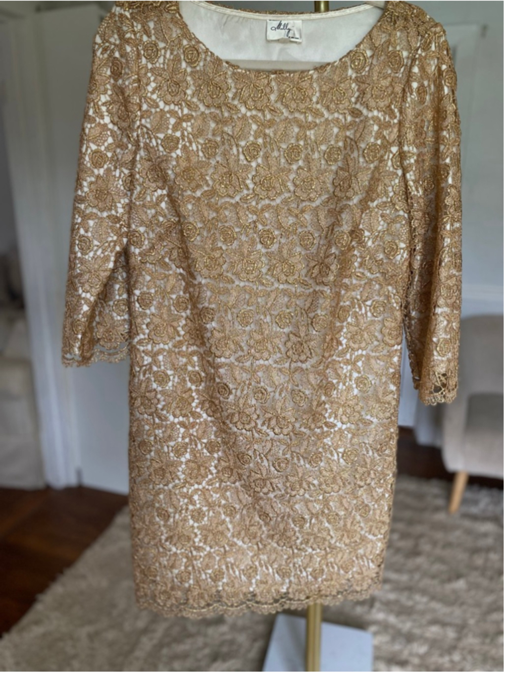 Vintage Milly Of New York Gold Lace Shift Dress Cocktail Wedding Guest Elegant - Picture 4 of 6
